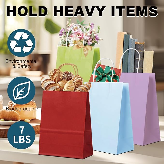 BAG BOX 25 Pack Medium 8.25x4.3x10.6 Inch Blue Kraft Paper Gift Bags with Handles for Bulk Shopping, Retail, Craft, Party Favors, Wedding, Grocery & Sacks