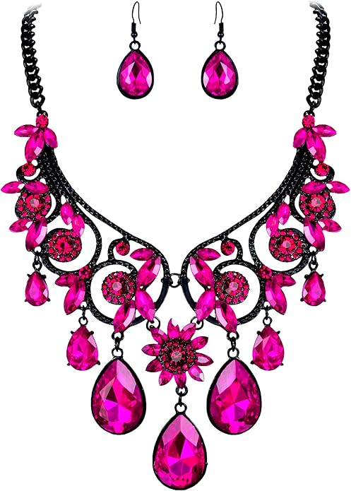 BriLove Women's Tribal Ethnic Crystal Chunky Statement Necklace Dangle Earrings Set