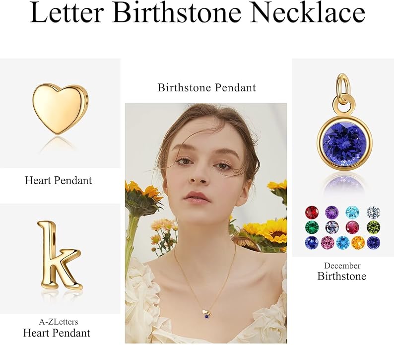 Ursilver Initial Birthstone Necklace for Women - Heart Initial Birthstone Pendant Necklace Personalized Gifts Birthday Gifts for Women