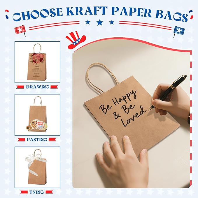 MESHA Paper Gift Bags 5.25x3.75x8 Inch 50 Pack Small Brown Paper Bags with Handles Bulk for Small Business, Birthday Wedding Party Favor