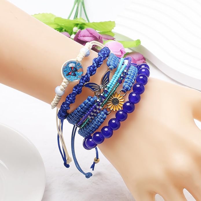 DS 6PCS String beads Charm Bracelets for Teen Girls Handmade Braided Rope Butterfly daisies Eternal flower Boho Surfer Bracelet for women Adjustable friendship Stretch birthday jewelry Gift Friends