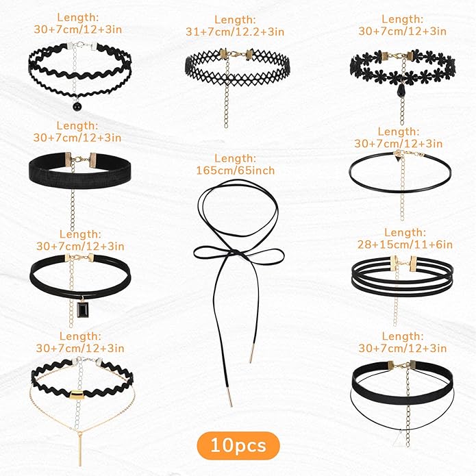 cobee 10 Pcs Gothic Choker Necklace For Women, Black Lace Chokers Adjustable Collar, Charm Stretch Necklaces Clothes Accessories