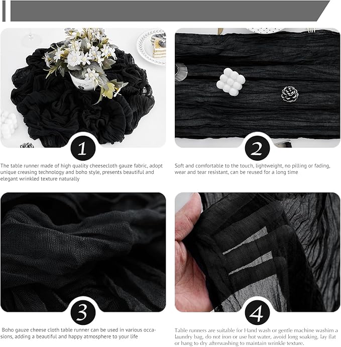 10 Pack Black Table Runner 120 Inch Cheesecloth Table Runner 10FT Boho Gauze Table Runner Long Cheese Cloth Table Runner Semi Sheer Runners for Wedding Bridal Baby Shower Party