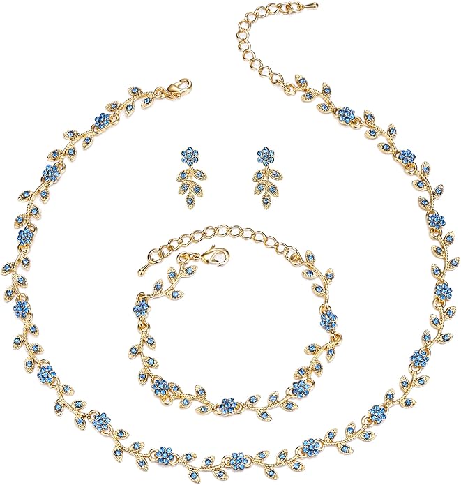 BriLove Wedding Jewelry Set for Women Bride, Gorgeous Stunning Crystal Flower Leaf Cluster Choker Necklace Link Bracelet Stud Earrings Bridal Bridesmaid