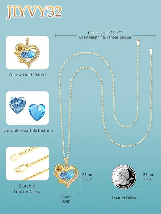 Sunflower Heart Necklace for Women 14K Gold Exquisite Valentines Day Anniversary Birthday Gifts for Wife Mother Her Double Birthstone Pendant Jewelry‘You Are My Sunshine’