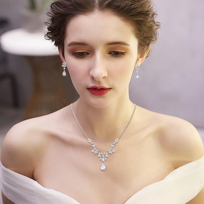 EleQueen Women's Wedding Bridal Jewelry Set for Brides Bridesmaids, Silver/14K Gold/Rose Gold Plated Cubic Zirconia Teardrop Necklace Dangle Earrings Bracelet Sets for Party Prom