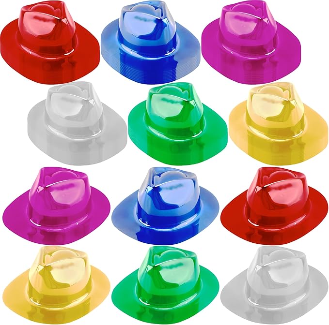 54 Pack Neon Plastic Gangster Hat Bulk Colorful Fedora Hats Metallic Party Hat for Kids Adult Photo Booth Props Party Favors, 6 Colors