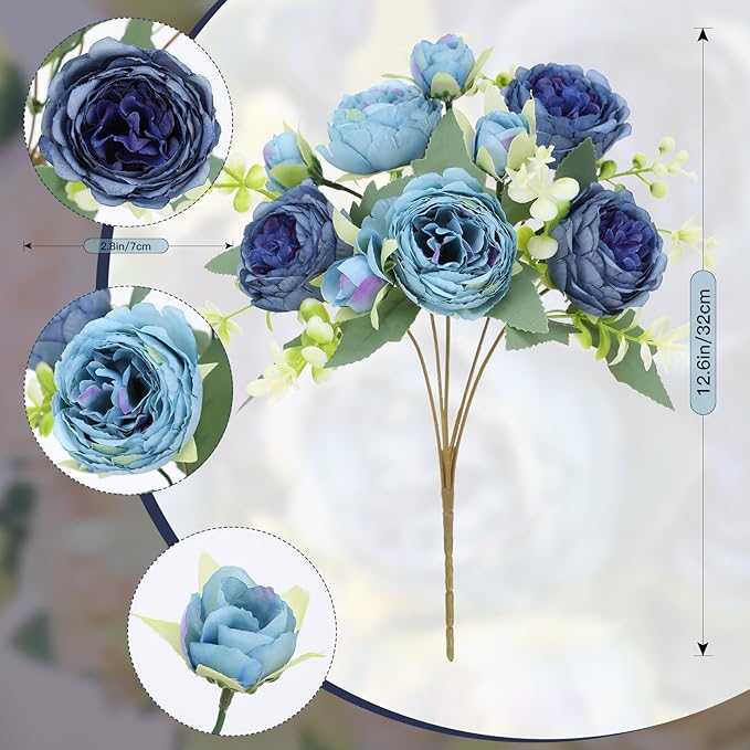 Floweroyal 4 Bunches Peony Artificial Flowers Teal Blue Flowers Silk Peonies Bouquets for Wedding Party Table Centerpieces Floral Arrangement Home Kitchen Decor