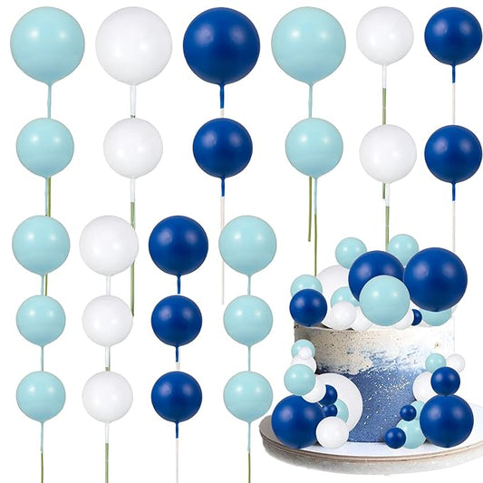 Gyufise 30Pcs Ball Cake Picks Colorful Ball Shaped Cake Topper Mini Balloons Pearl Balls Cupcake Picks Ball Cake Insert Topper for Birthday Party Wedding Decoration Supplies Blue White Dark Blue