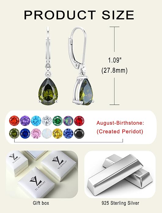 YL 925 Sterling Silver Teardrop Dangle Drop Earrings for Women 7x10 MM Solitaire Birthstone Leverback Jewelry