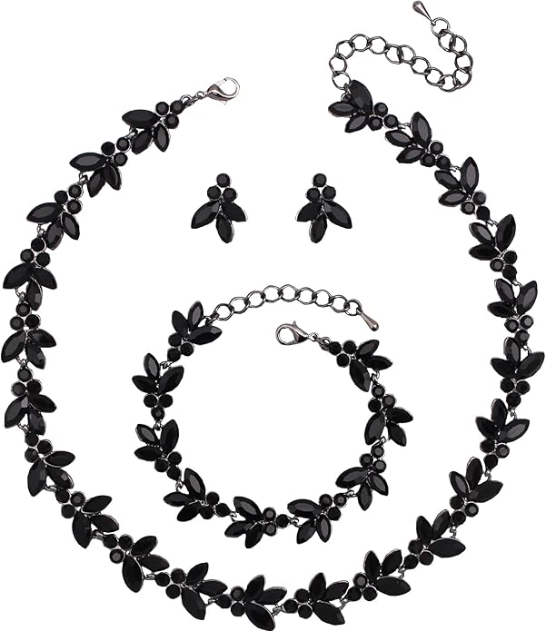 Bridal Wedding Crystal Leaf Choker Necklace Dangle Earring Bracelet Brides Bridesmaid Jewelry Set for Women