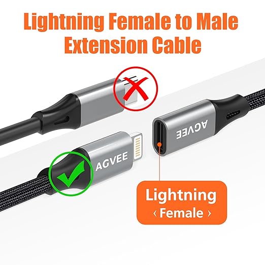 AGVEE 2 Pack 6.6ft Lightning Extension Cable, Braided Female to Male Extender Full Function Cord Compatible with iPhone iPad, Data Sync Video Audio & Charging Connector Adapter, Dark Gray