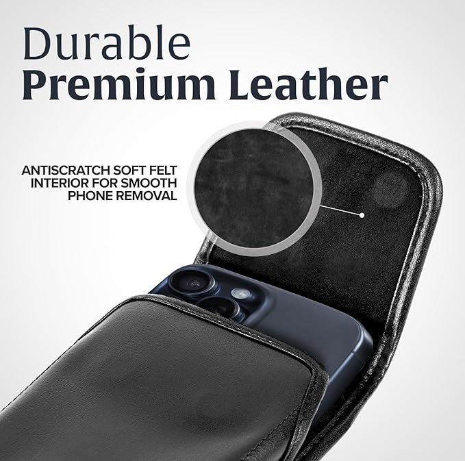 Turtleback Belt Holder for iPhone 16 Pro Max, 15 Pro Max, 14 Pro Max -Small- Fits w/Slim MagSafe Style Cases, Premium Black Leather Vertical Belt Holster Magnetic Closure Leather Wrapped Clip