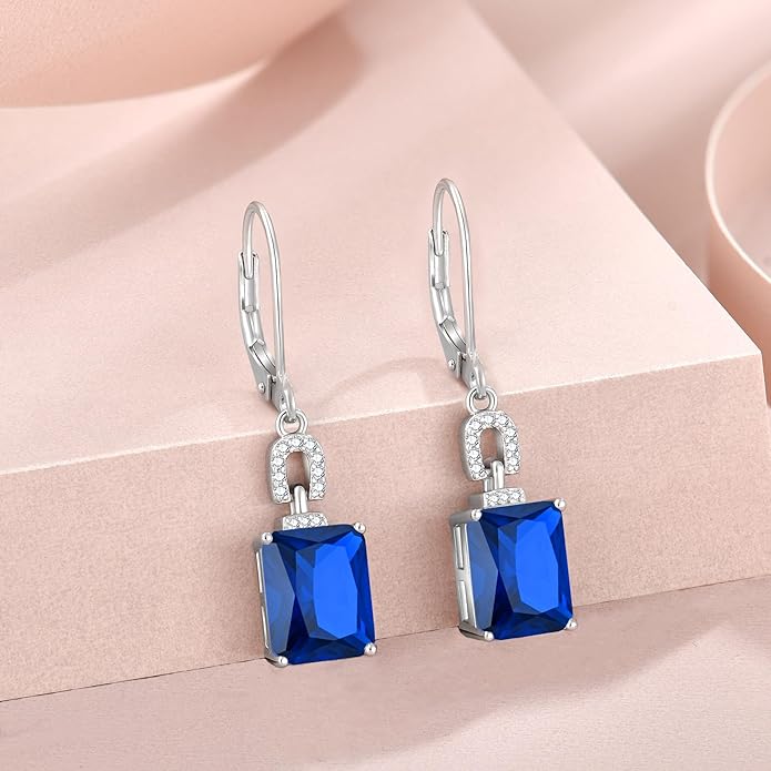 Emerald Cut Earrings 925 Sterling Silver Baguette Birthstone Dangle Drop Leverback Earrings Jewelry Gifts for Women