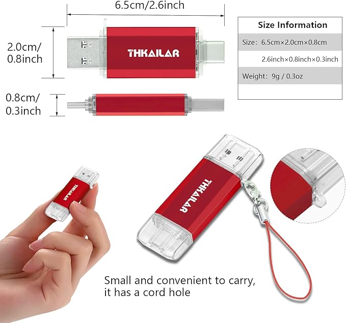 Thkailar 1TB USB C Flash Drive for MacBook and Android Phones,Thumb Drive with USB A and USB C for PC,Laptop,Portable External Storage for Pictures,Videos and Music
