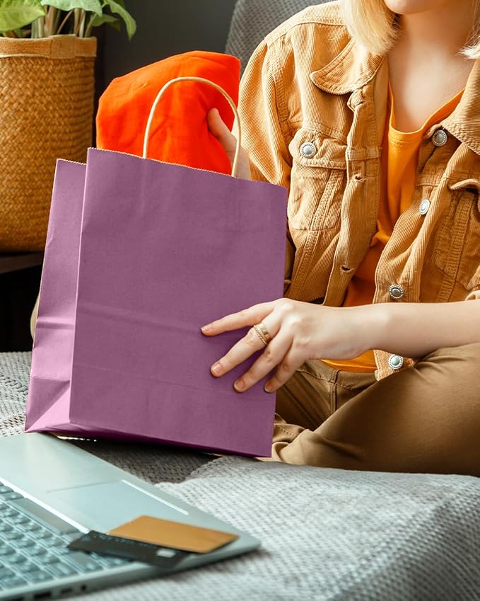 qiqee Purplish Red Gift Bag with Handles Bulk 24Pcs Paper Bags -10.6"x8.3"x4.3"Party Favor Bags - Solid Color