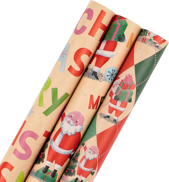 RUSPEPA Christmas Wrapping Paper Roll Set, Mini Rolls, Vintage Santa, Merry Christmas Text and Holiday Scenes Design Gift Wrap for Kids, Adults and Holiday, 3 Rolls, 17 inches x 10 feet per Roll