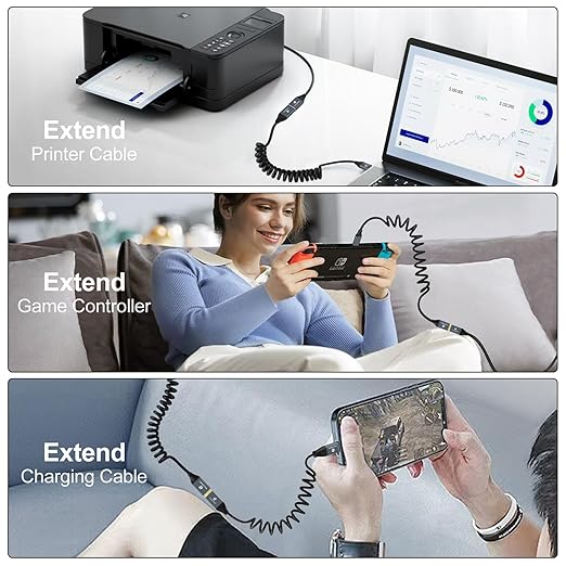 Coiled USB Extension Cable, 5Gbps Retractable USB A Male to Female Data Transfer Cord for Keyboard, Mouse, PlayStation, Xbox, Flash Drive, Printer, Camera(Extend up from 0.75FT to 3.3FT)