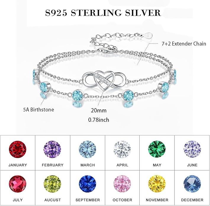 Prismata Infinity Birthstone Charm Link Bracelet 925 Sterling Silver Adjustable 12 Months Birthstone Infinity Bracelet Birthday Jewelry Gifts for Women Mom Her,with 7"+2" chain