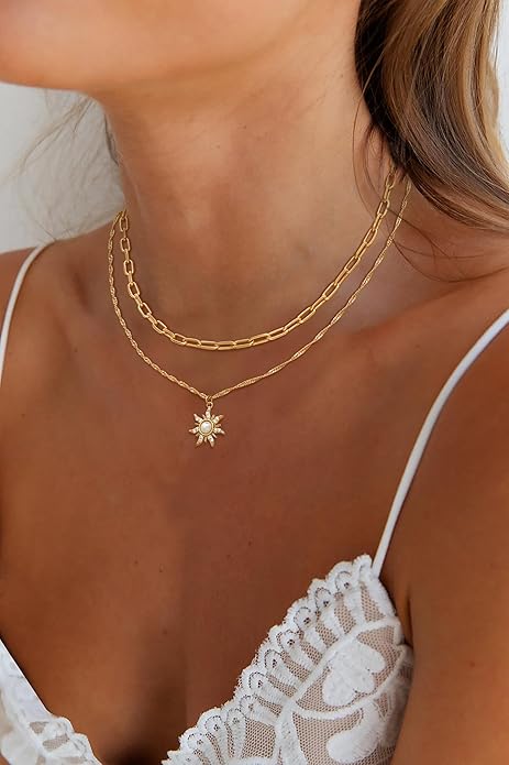CHESKY Layered Necklaces for Women Trendy, Dainty 14k Gold Plated Pendant Necklace Layering Necklace for Women Non Tarnish Hypoallergenic Sun Gold Necklace Stack Gold Jewelry for Women Gifts