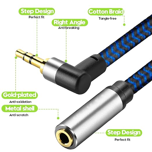 3.5mm Male to Female Extension Stereo Audio Extension Cable 10FT, Cotton-Braided Audio Extension Cable, Stereo Jack Cord for Phones, Headphones, Speakers, Tablets, PCs and More
