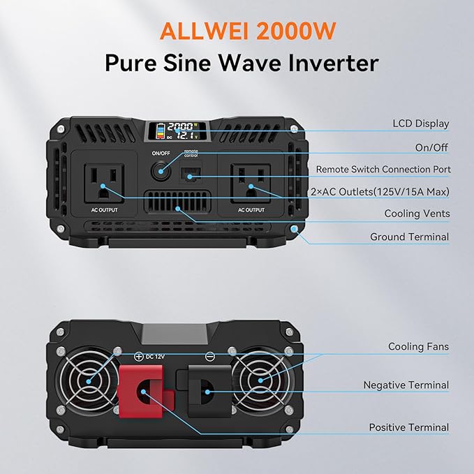 ALLWEI 2000W Pure Sine Wave Inverter 12V DC to 110V/120V AC Converter, Surge 4000W, 2 AC Sockets, LCD Display, Power Inverters for Vehicles, RV Truck Home Solar & Off-Grid Inverter, Remote Controller