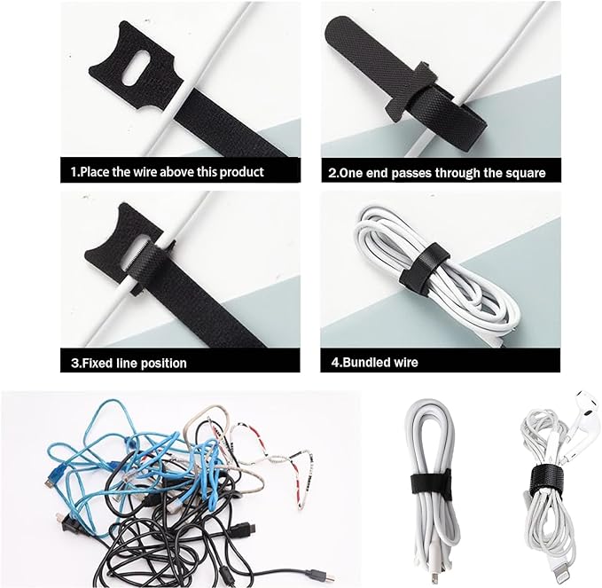 100 Pack Reusable Hook & Loop Cable Ties & Labels Kit - 50 Durable Cord/Wire Tags + 50 Self-Gripping Straps for Electronics Organizing, Home Office Cord Management (White & Black)