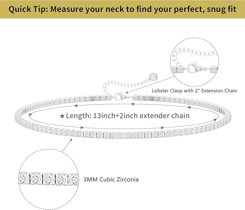 Tennis Necklace for Women, 14K Gold/Silver Plated Rhinestone Choker Necklace for Women, Dainty Cubic Zirconia Cut Faux Diamond Chain