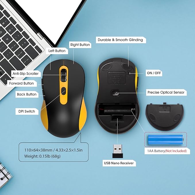Wireless Mouse for Laptop, PC, Chromebook, Mac, MacBook, Silent Wireless Mouse with USB Nano Receiver, Side Button, 2400 DPI, Anti Slip Roller, 6 Button Ergonomics Cordless Computer Mice -Black Yellow