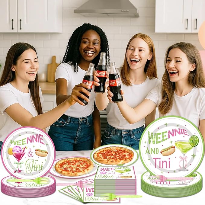 96Pcs Martini Party Decoration Disposable Tableware Set - Weenies and Tini Paper Plates Napkins Forks Pink Green Martini Theme Bridal Shower Engagement Bachelorette Party Supplies Serve 24 Guests