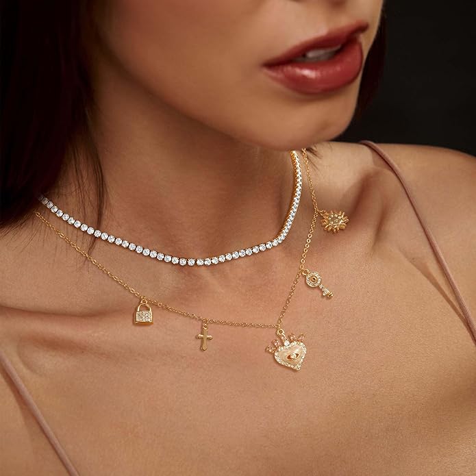 Tennis Necklace for Women, 14K Gold/Silver Plated Rhinestone Choker Necklace for Women, Dainty Cubic Zirconia Cut Faux Diamond Chain