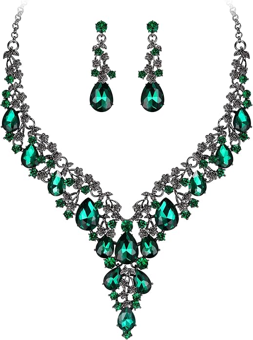 BriLove Women's Wedding Bridal Austrian Crystal Teardrop Flower Cluster Statement Necklace Dangle Earrings Jewelry Set for Party Prom