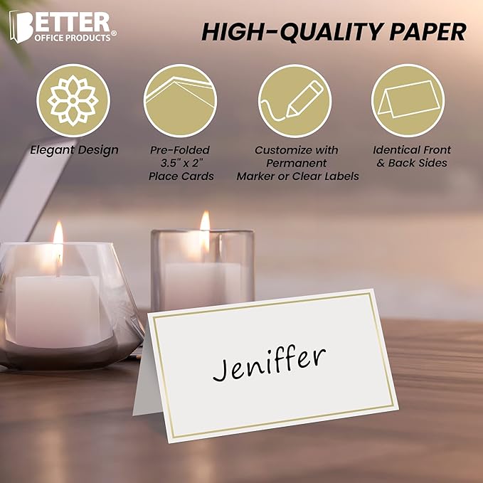 Better Office Products 100 Pack Gold Metallic Border Place Cards, 2 x 3.5 in, Folded Table Tent Cards for Weddings, Dinner Parties, Buffet Banquets, (White)