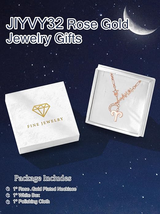 14K Gold/Rose Gold Zodiac Necklace for Women - Horoscope Constellation Pendant with Moon and Star, Luxury Birthday Gifts Jewelry for Her (12 Zodiac Signs)