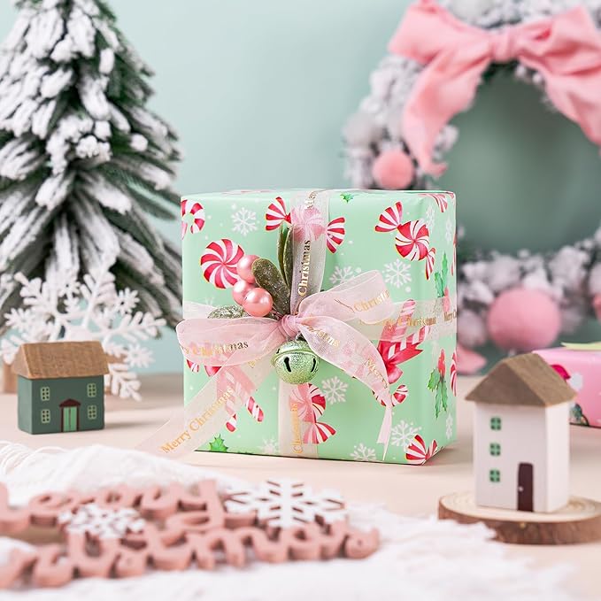 WRAPAHOLIC 30 Inch Christmas Wrapping Paper Roll - Jumbo Roll Pink Gingerbread House, Santa Claus, Christmas Tree and Candy Cane Design - 4 Rolls - 30 Inch x 120 Inch Per Roll