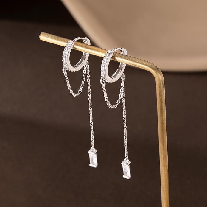 Reffeer 925 Sterling Silver CZ Chain Hoop Earrings Dangle for Women Teens Dangle Earrings Chain Drop Earrings Huggie