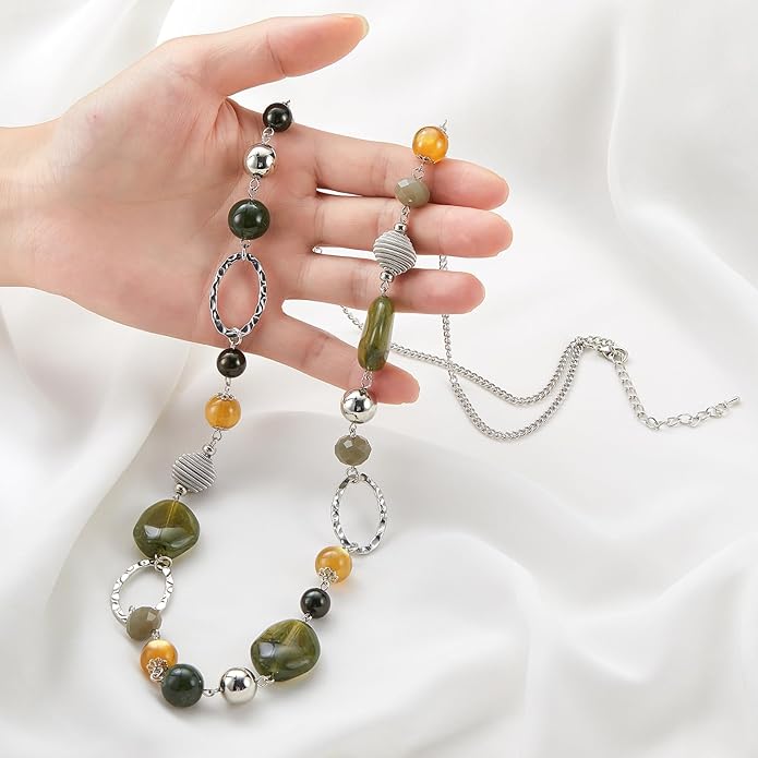 BULINLIN Beaded Long Necklace for Women Silver Sweater Chain Necklace with Crystal Resin Beads, Fashion Jewelry Necklace