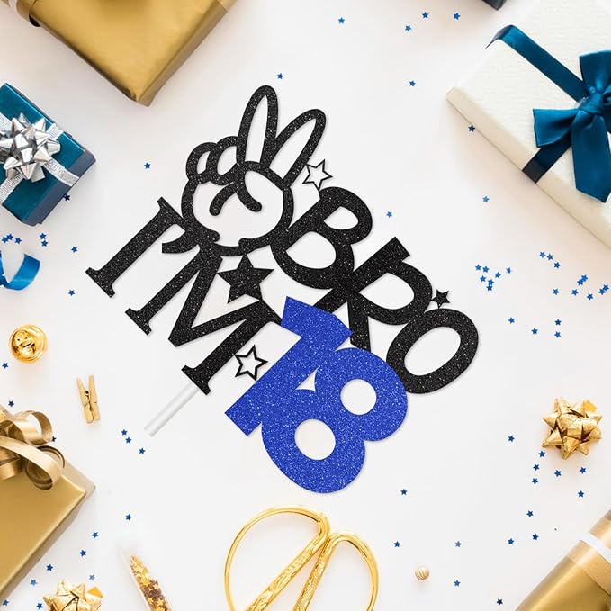 Bro I'm 18 Cake Topper, 18th Birthday Decorations for Boy, Glitter Funny 18th Birthday Cake Topper, Bro 18 Year Old Birthday Party Decoration Supplies