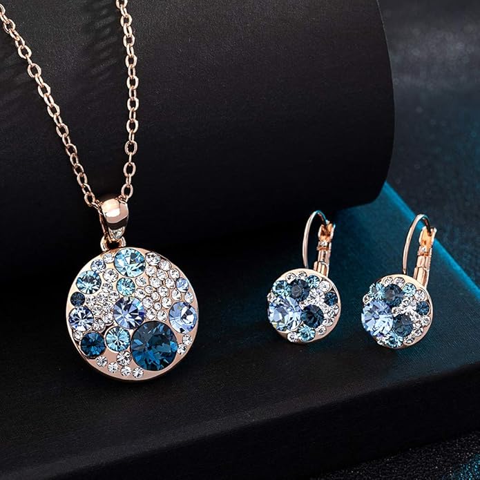 EVEVIC Austrian Crystals Round Disc Pendant Necklace Earrings for Women 14K Gold Plated Hypoallergenic Jewelry Sets