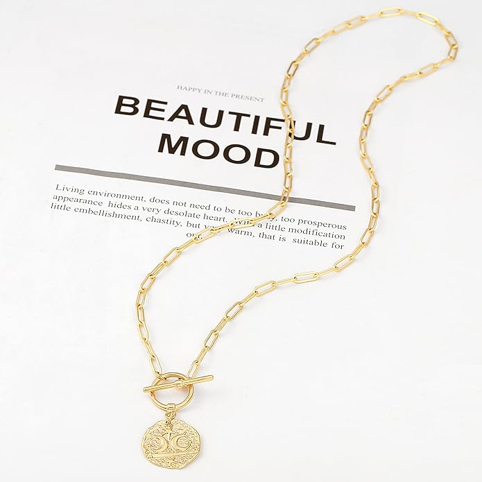 Aobei Pearl 18K Gold Plated Moon Star Lion Evil Eye Love Heart Cross Pendant Necklace Medallion Paperclip Chian Choker Layering Jewery for Women