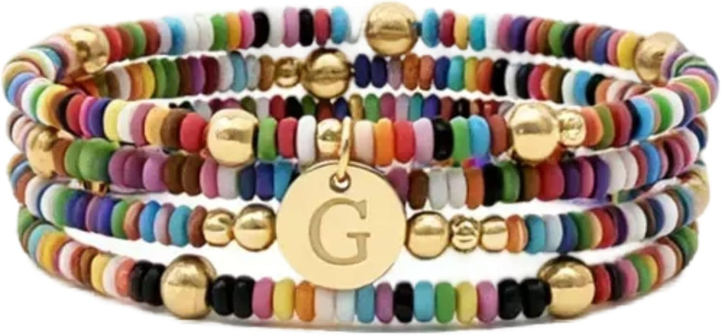 Set of 4 Colorful Bead Initial Bracelets, Personalized Stackable Jewelry, Adjustable Stretchy Charm Bracelets for Women, Beaded Bracelet Set, Trendy Custom Jewelry Gift