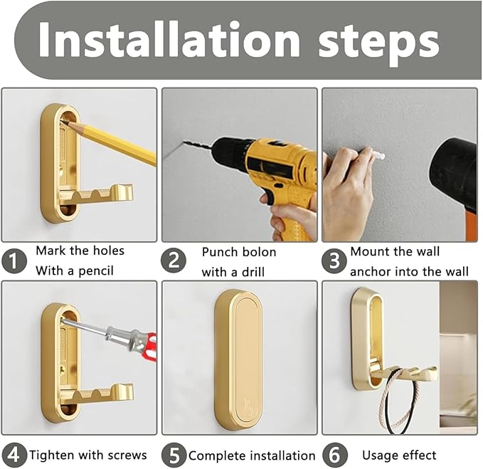 4PCS Gold Foldable Wall Hooks, Metal Folding Hooks Wall Mount, Easy Installation, Suitable for Bathroom Kitchen, Flip Down Hook for Wal l Hanging Coat, Bag, Towel, Key, Hat (Gold)