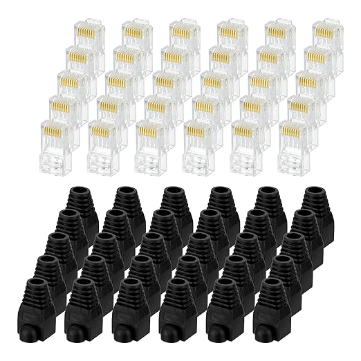 MECCANIXITY 100pcs Cat6 RJ45 Pass Through Connectors, RJ45 Connector 8P8C Gold Plated Plugs with 100pcs Black Strain Relief Boots for Solid or Stranded UTP Ethernet Cable, 1.1mm