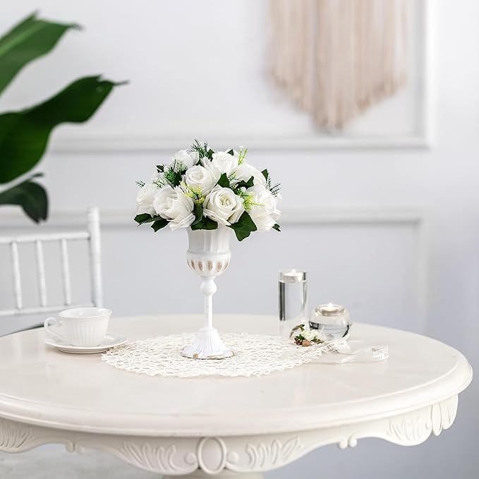 BLOSMON White Roses Artificial Flowers: 2 Pcs Fake Floral Balls Centerpiece for Wedding Table - Artificial Silk Kissing Bouquet Flower Arrangement for Home Party Event Decor