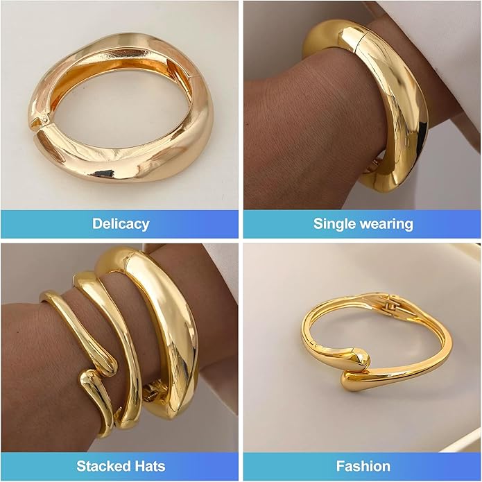 CoguZed 3-Piece 14K Gold Plated Chunky Bracelet Set - Stackable Cuff Bangles, Trendy Statement Jewelry for Women
