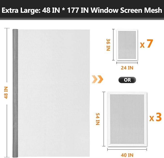 Window Screen Door Repair Kit, 48" x 177" Screen Door Mesh Replacement Kit, Durable Fiberglass Mesh Roll with Tools for Windows Doors Patio and Porch Replacement, Grey