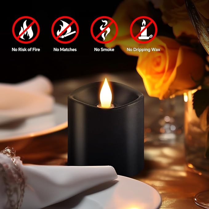 3x3 Flickering Flameless Candles, Real Wax LED Candles with Timer, Flameless Candles with Remote,Battery Operated Candles, for Holiday Home Decor, Black