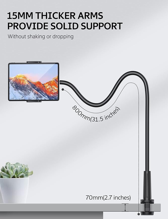 SHAWE Gooseneck Tablet Holder Phone Stand, Flexible Tablet Mount for Bed, 360 Adjustable Lazy Arm Holder Clamp Mount for iPad Air Pro mini, Samsung Galaxy Tabs, iPhone, Switch, 4.0~10.5" (Black)