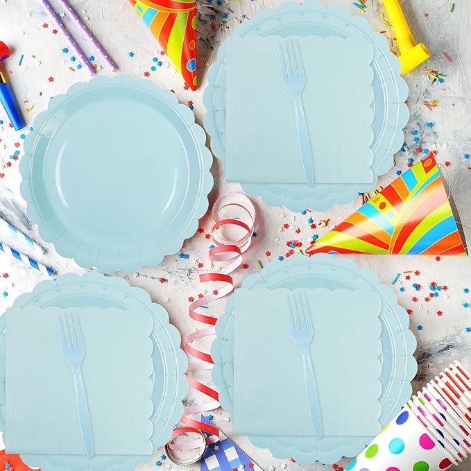 96PCS Blue Paper Plates and Napkins, 24 Guest Light Blue Disposable Tableware Set Include Scalloped Paper Plates Napkins and Forks Decoration Party Supplies for Baby Shower Wedding Birthday