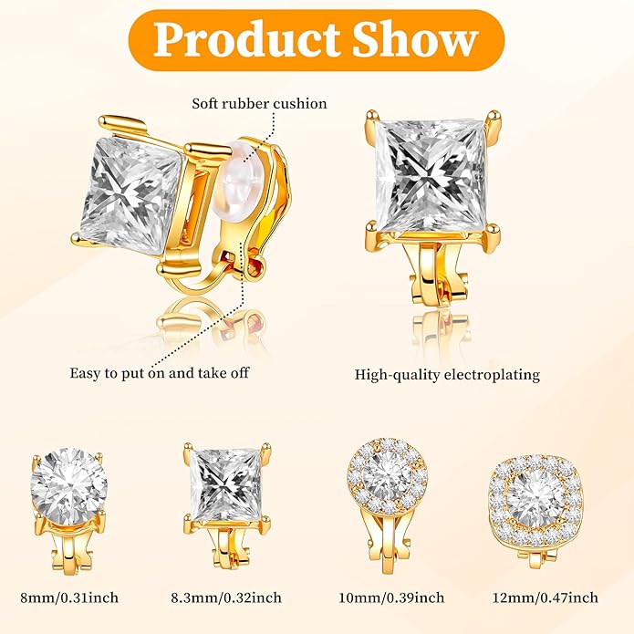 4 Pairs Cubic Zirconia Clip Earrings for Women Dance Competition - Non Pierced Diamond Clip On Earrings studs for Men